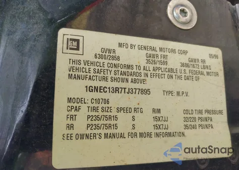 1996 Chevrolet Tahoe C1500 из США, поврежденный, VIN 1GNEC13R7TJ377895